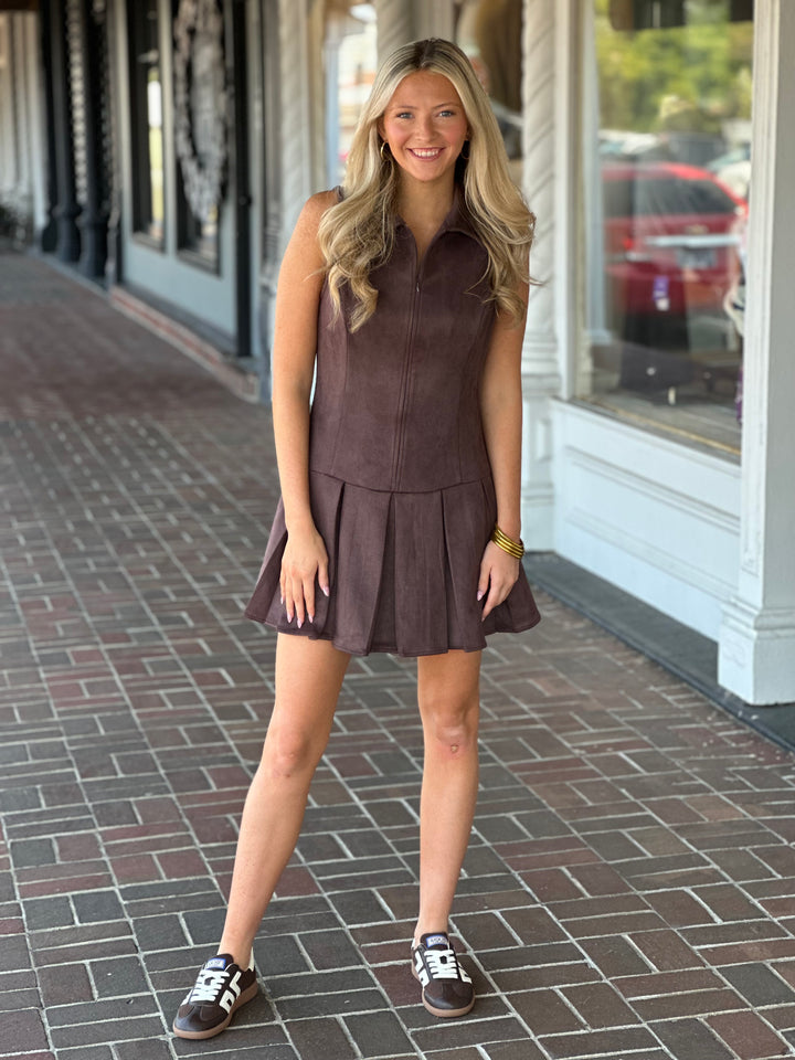 Chocolate Suede Mini Dress in Brown