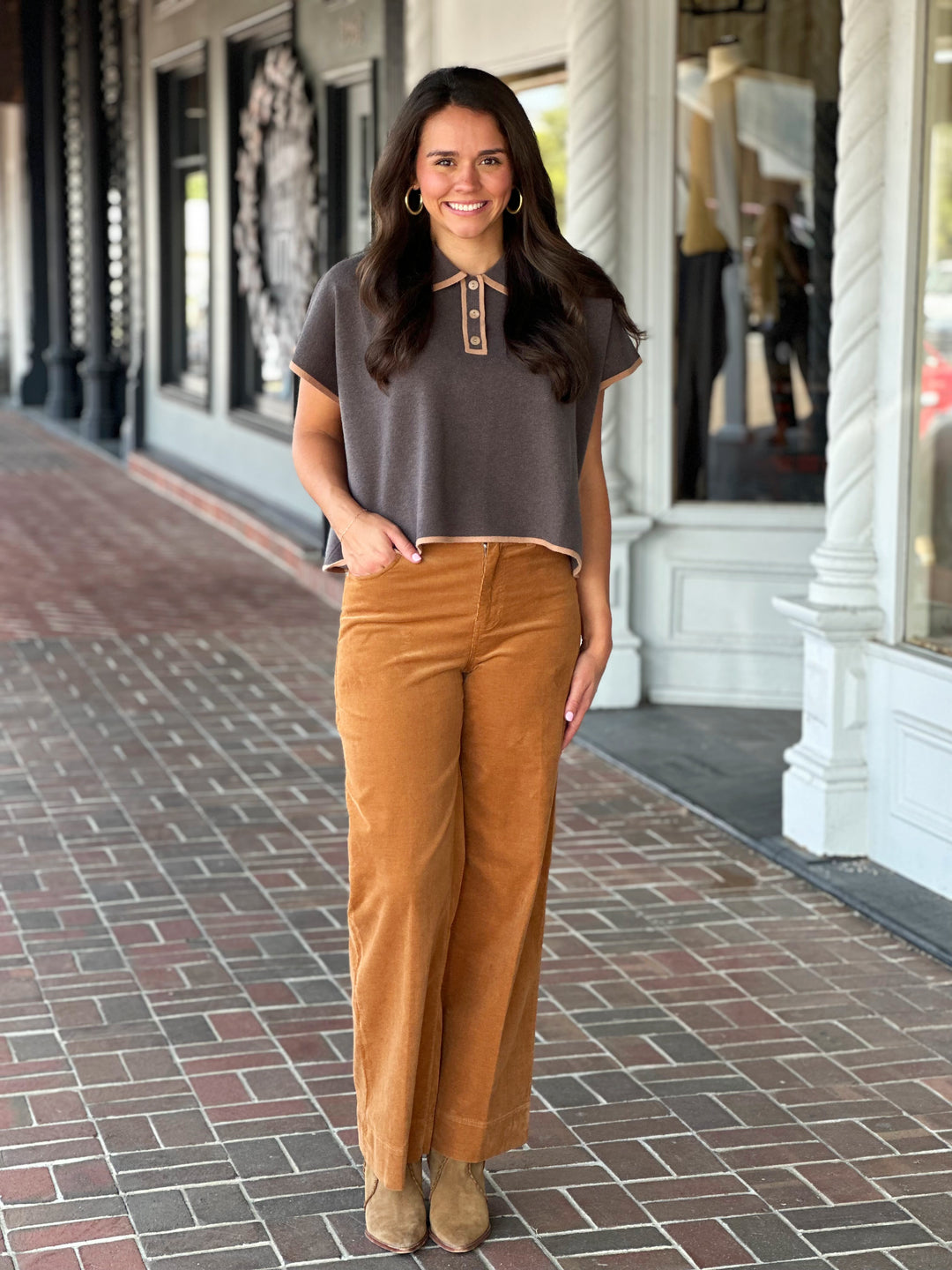 Brown Short Sleeve Collared Sweater Top