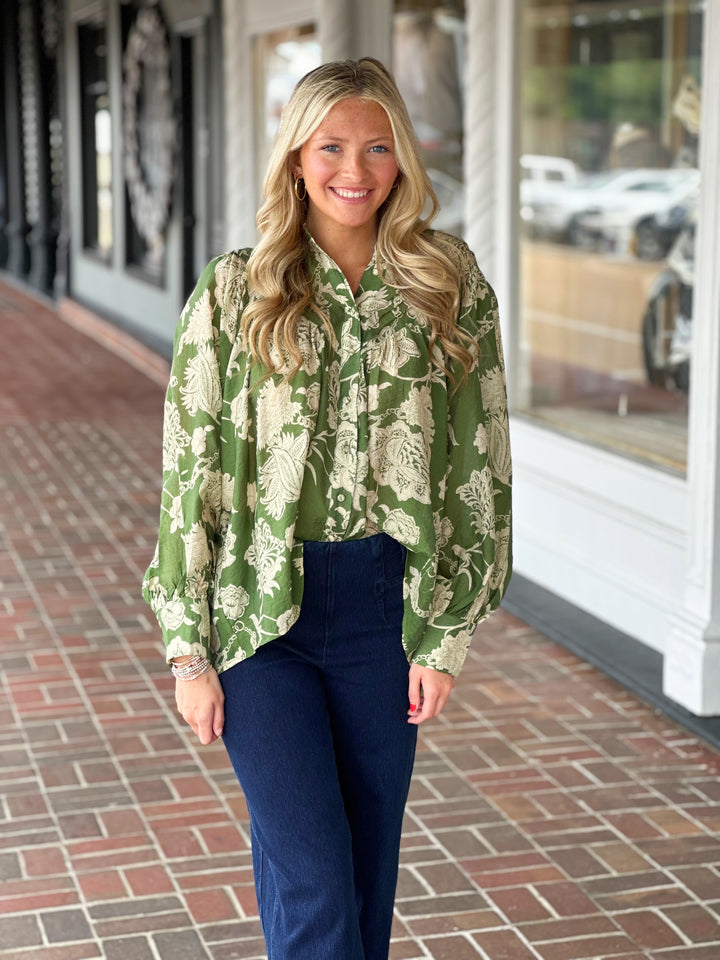 Green Floral Long Sleeve Top
