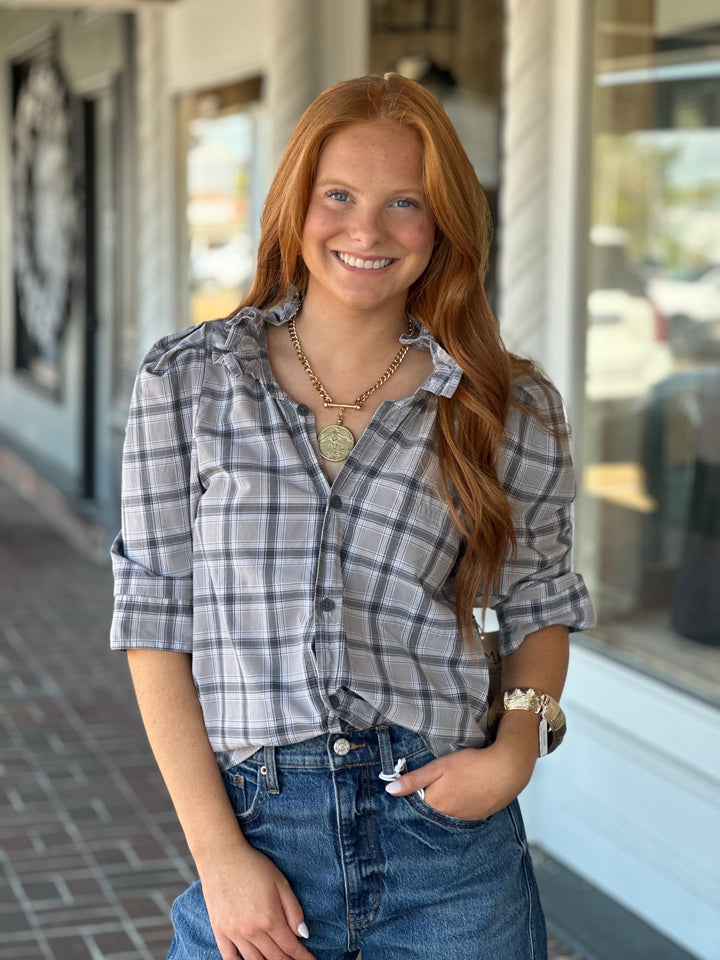 Bontina Top in Grey Plaid