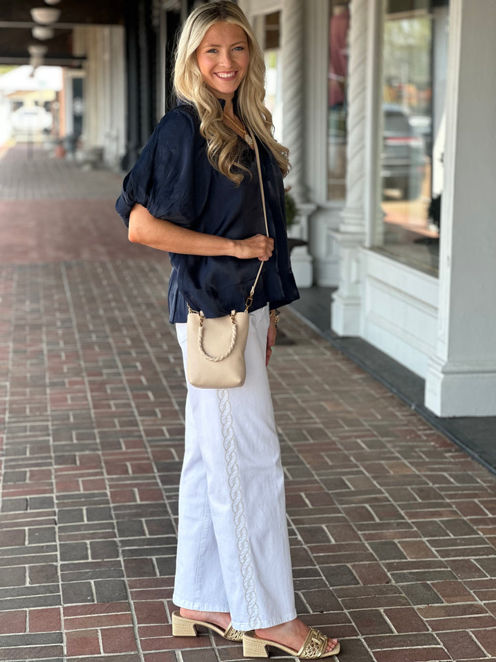 Stitch Detail Ruffle Top in Navy