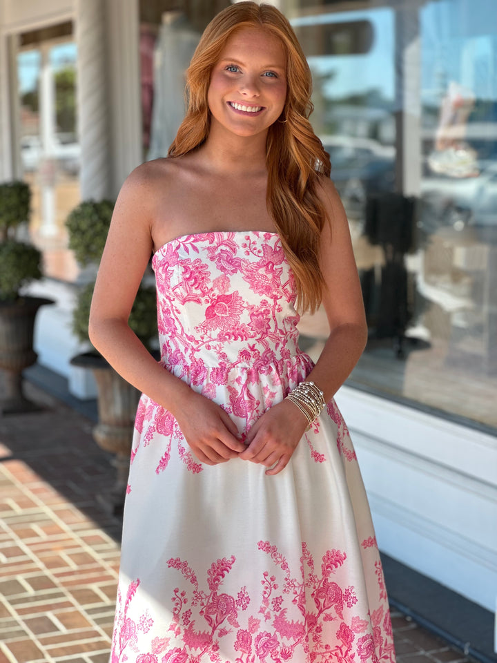 Shirred Bodice Printed Midi Dress in Ivory Pink