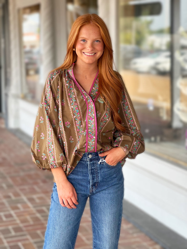 Mix Floral Boho Blouse in Brown