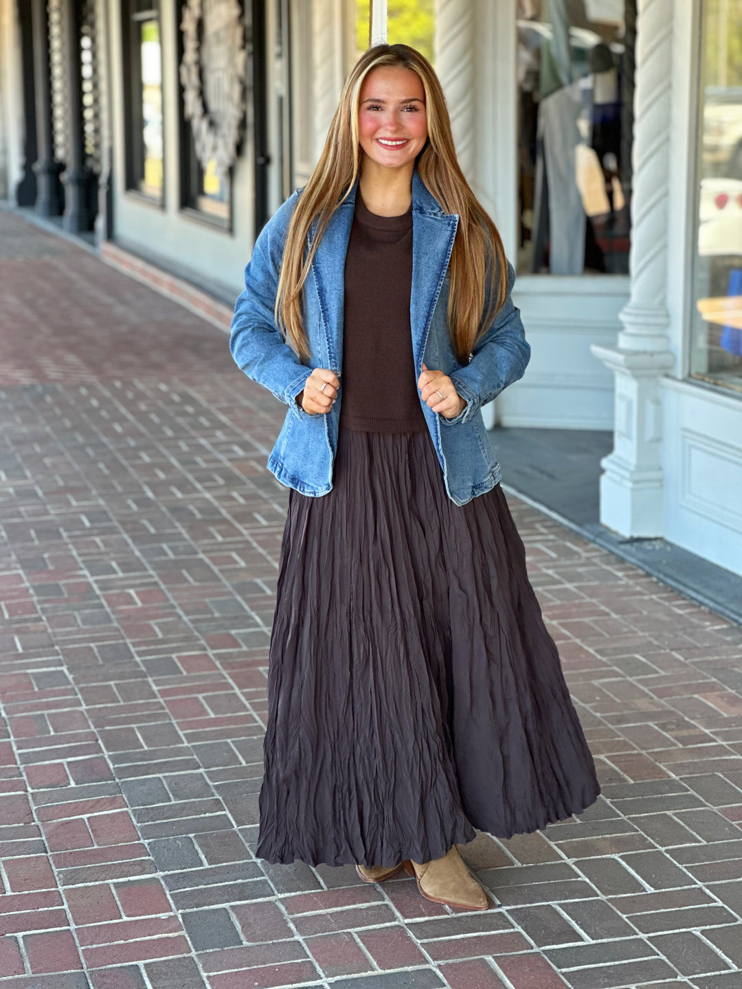 Dark Brown Elegant Crinkled Maxi Skirt