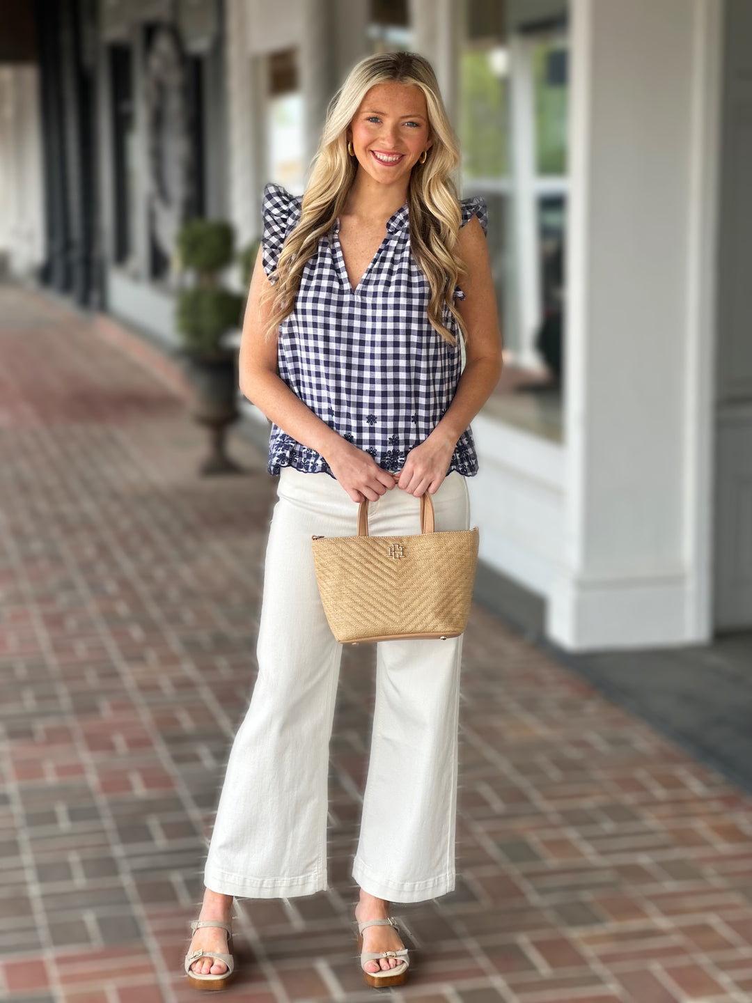 Harper Gingham Ruffle Sleeveless Top in Navy