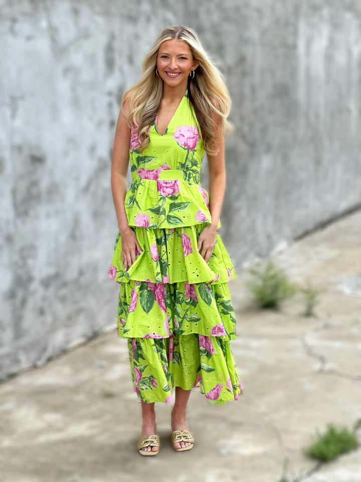 Floral Print Sleeveless Halter Neck Midi Dress in Chartreuse