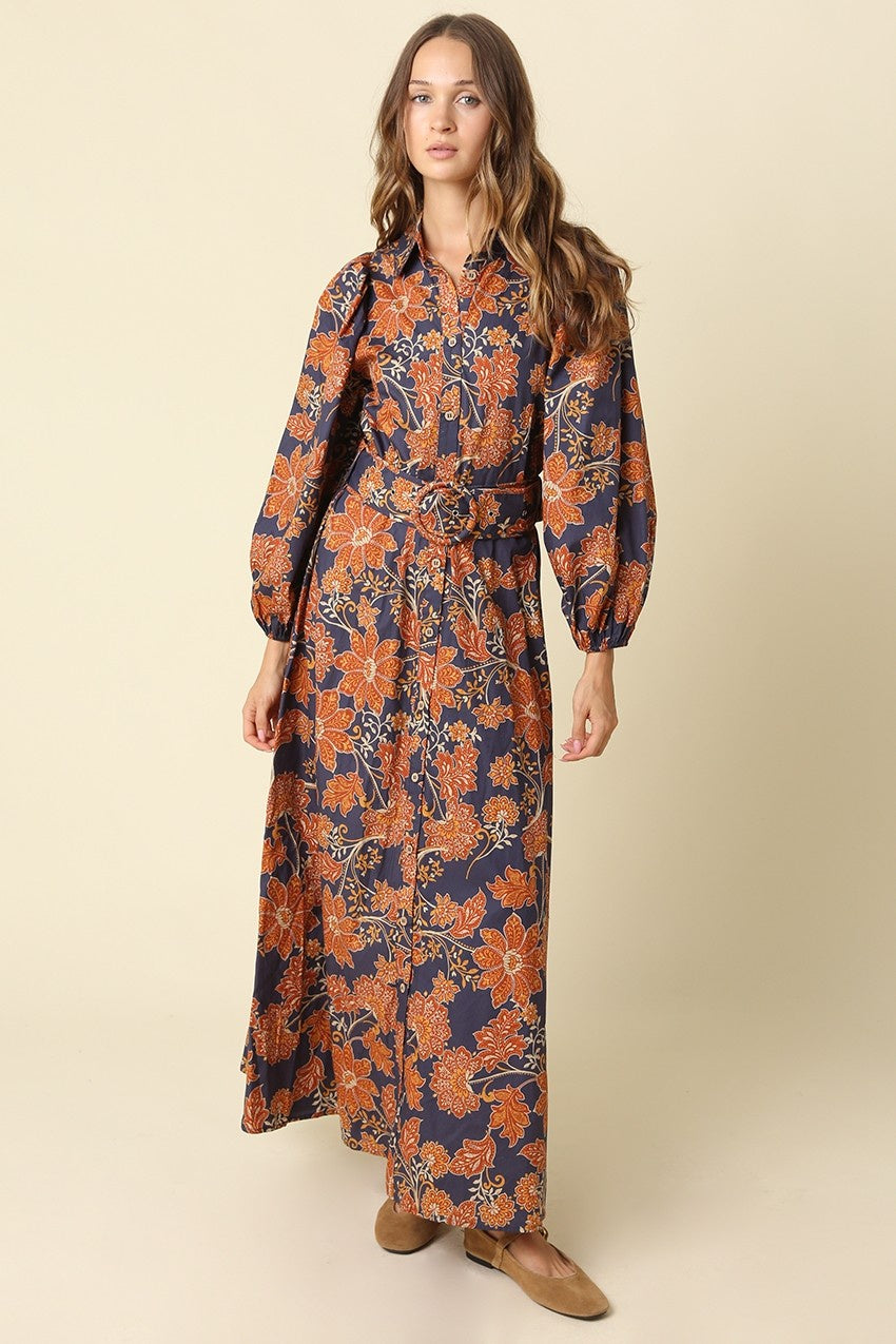 Kate Floral Belted Maxi Dress in Navy