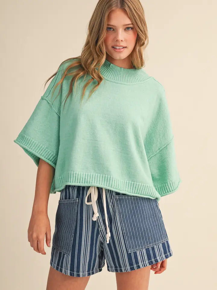Mock Neck Short Sleeve Sweater in Mint Green