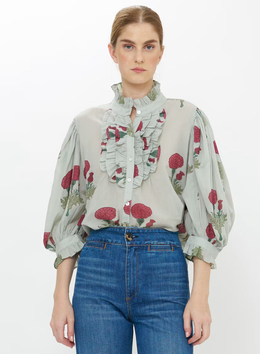 Oliphant Ruffle Front Button Top in Bloom Rhubarb