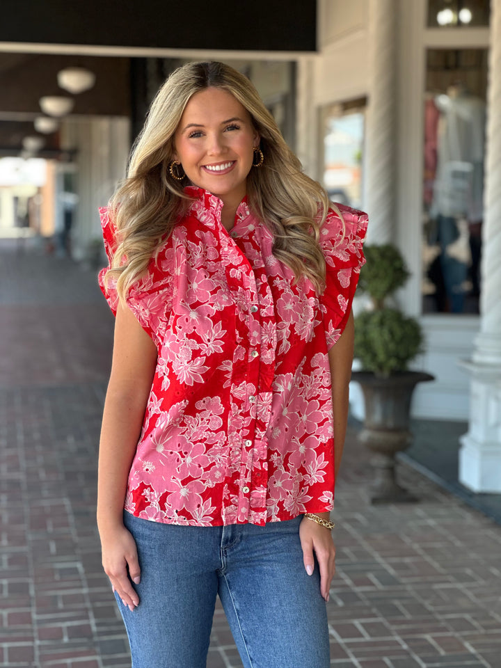 Floral Ruffle Sleeve Top in Red