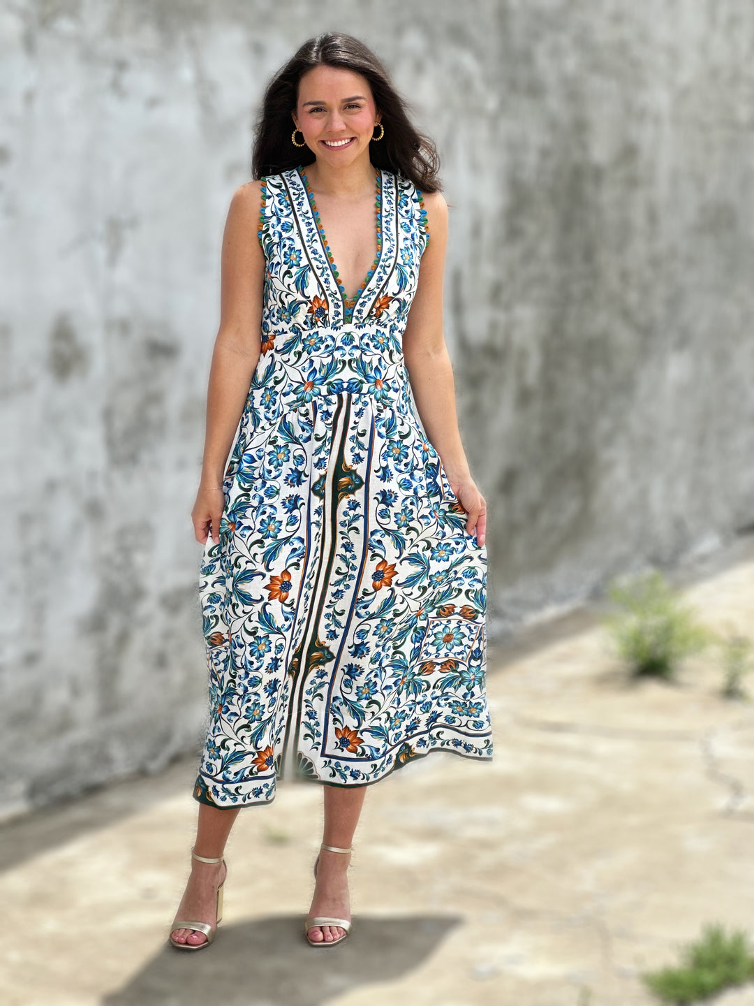 Farm Rio Off-White Flora Tile Scallop Euroflax™ Premium Linen Maxi Dress