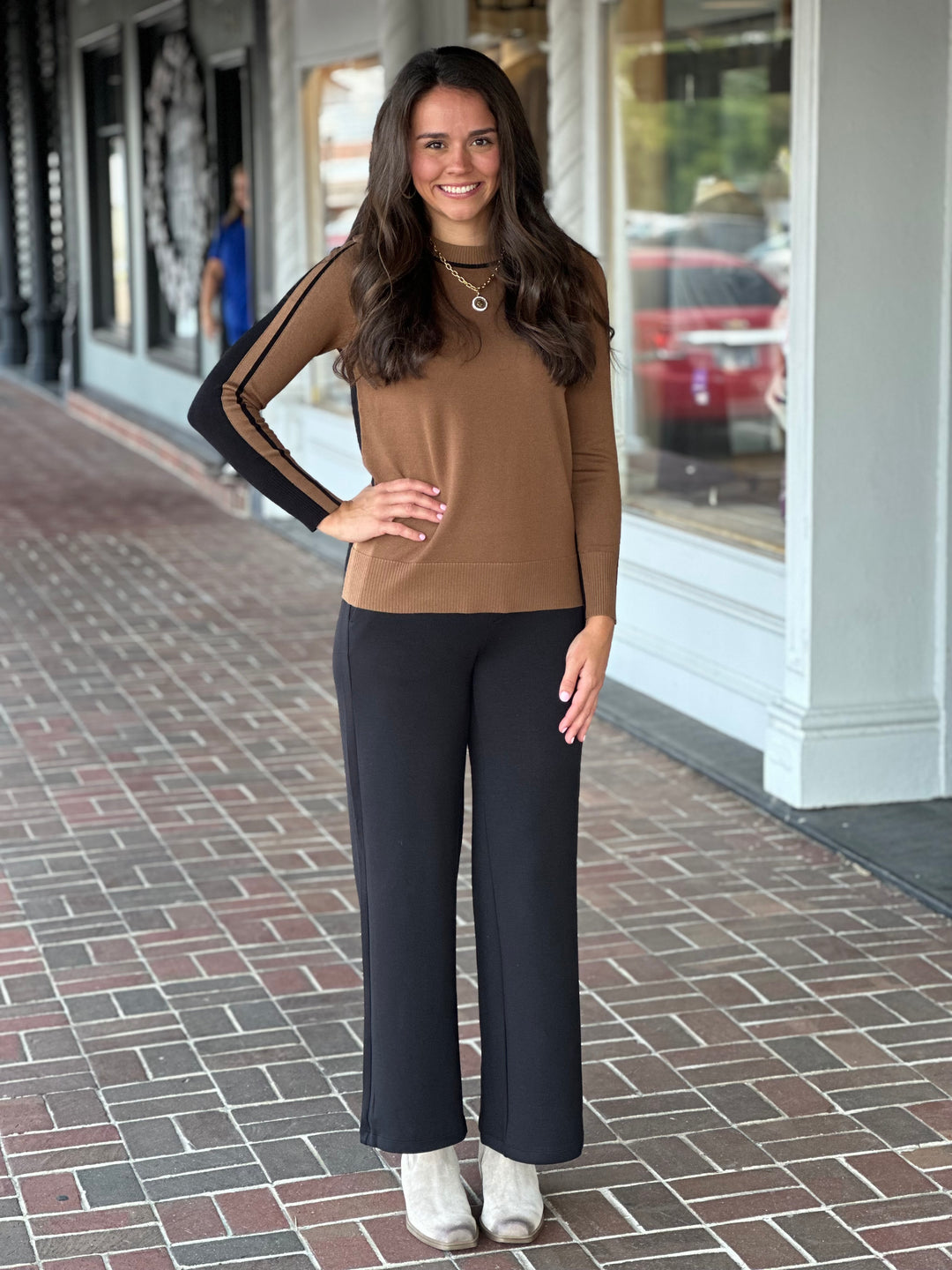 Wood Brown Crewneck Black Stripe Panel Sweater