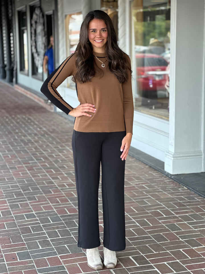 Wood Brown Crewneck Black Stripe Panel Sweater