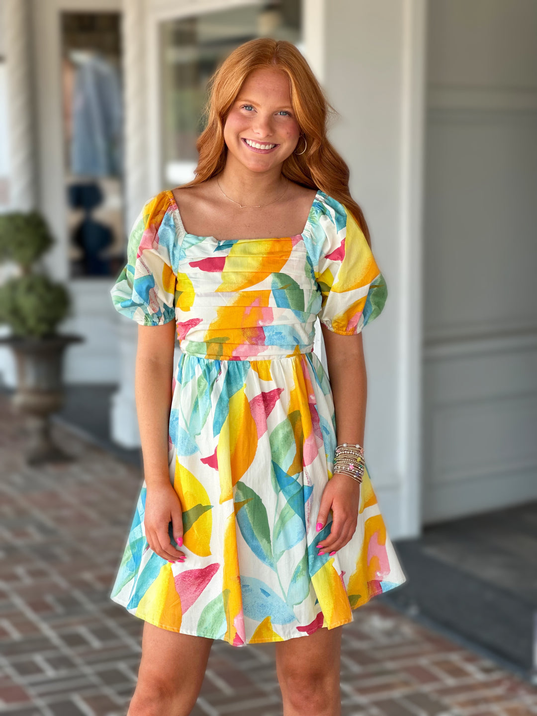 Abstract Watercolor Print Puff Sleeve Mini Dress
