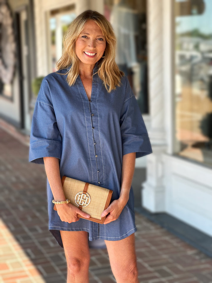 Relaxed Shirt Mini Dress Ruffle V-neck Wide Short Sleeves in Indigo