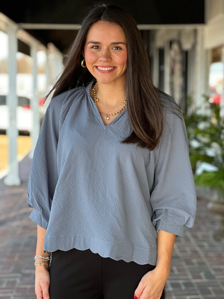 Split Neck Top in Steel Blue