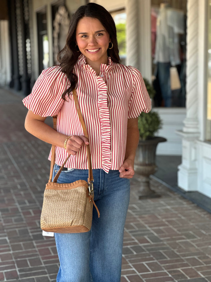 Striped Ruffled Button Down Top in Berry Red