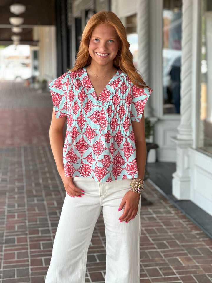 Teal Short Sleeve Button Front Printed Top