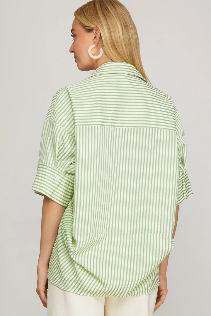 Sage Green Short Sleeve Stripe Top