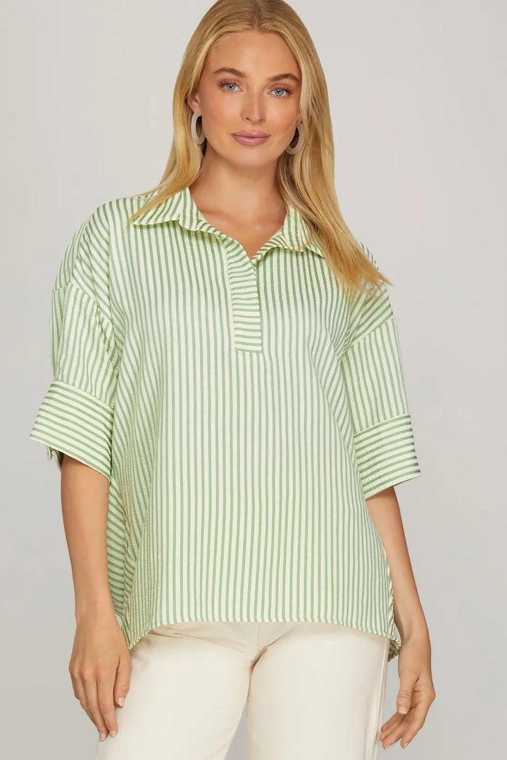 Sage Green Short Sleeve Stripe Top
