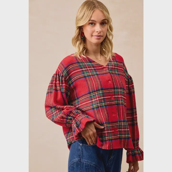 Christmas Plaid V-Neck Elastic Ruffle Cardigan Top