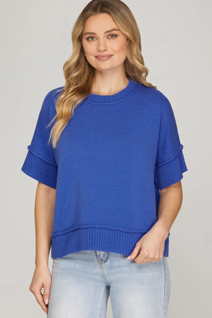 Half Sleeve Crew Neck Top in Blue