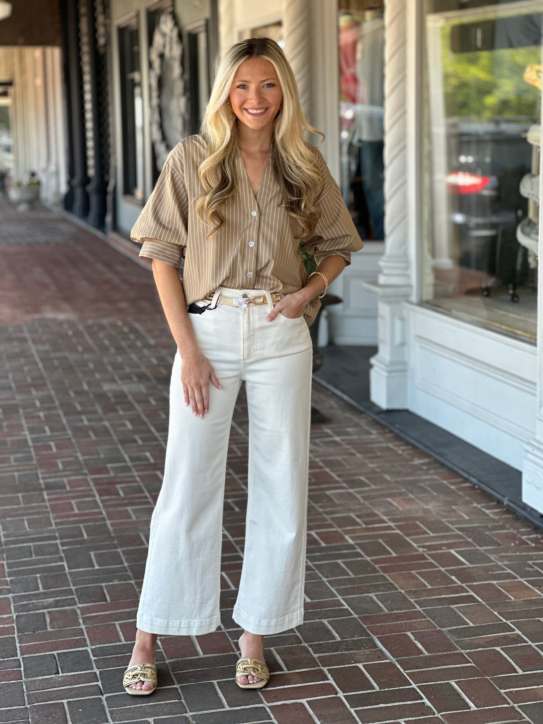 Hinson Wu Lilian Elbow Sleeve Pencil Stripe Shirt in Khaki White
