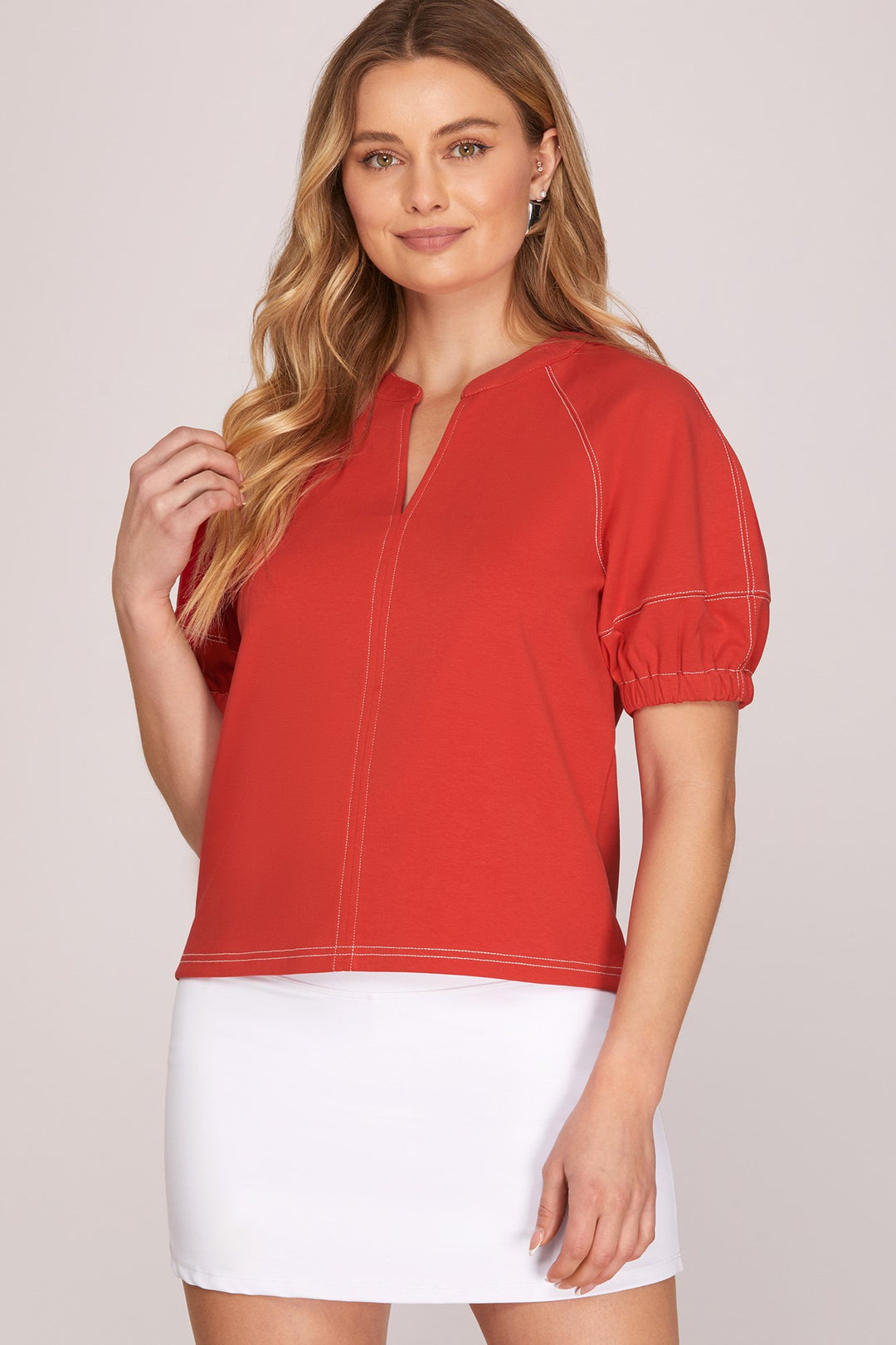 Red Short Sleeve Stitching Top