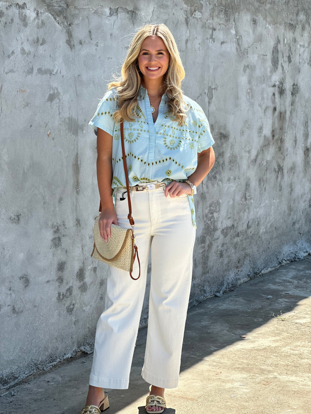 Tribal Pop Over Embroidered Top in Light Aqua Sky