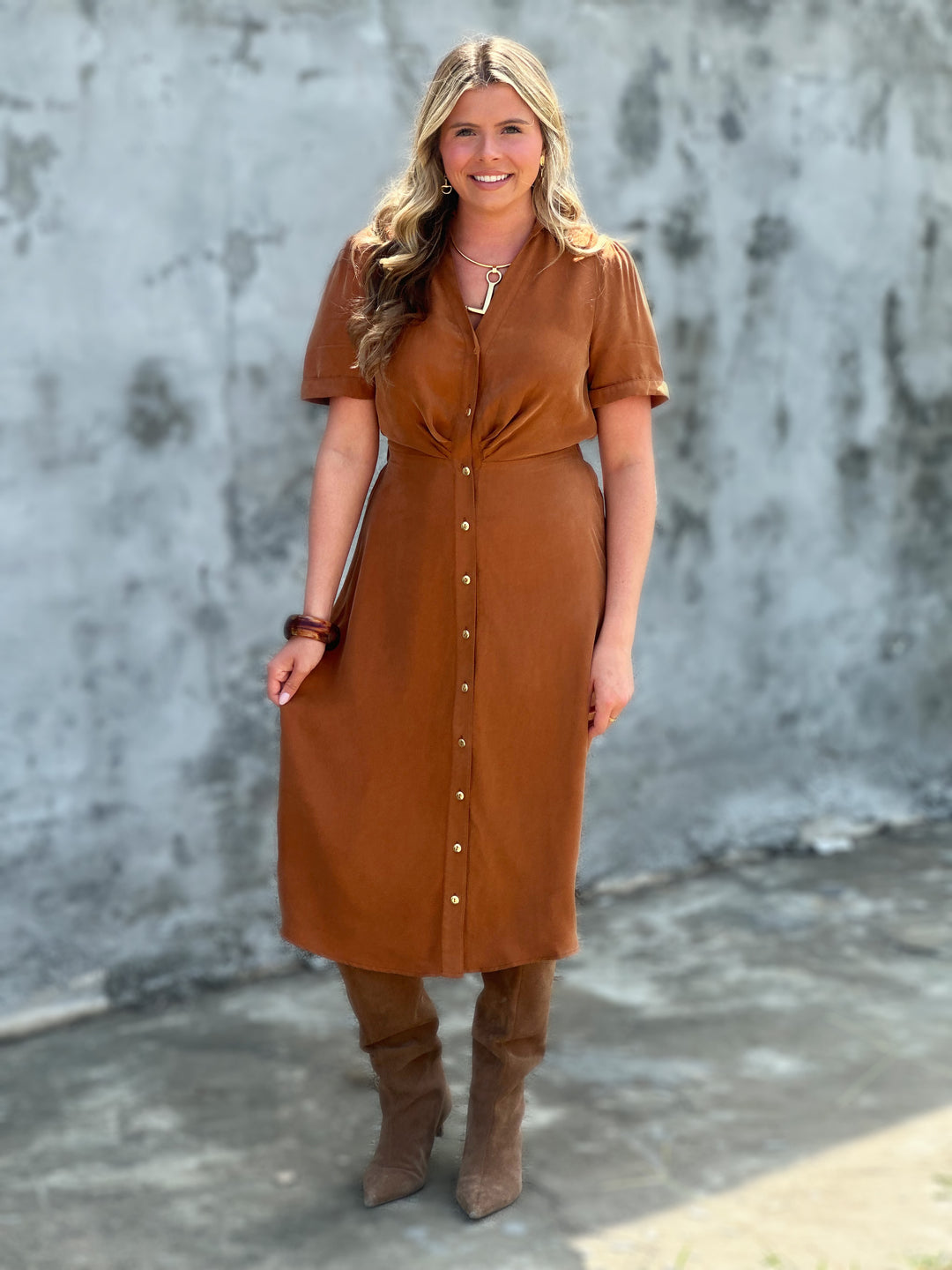 Love The Label Robbin Midi Dress in Cognac