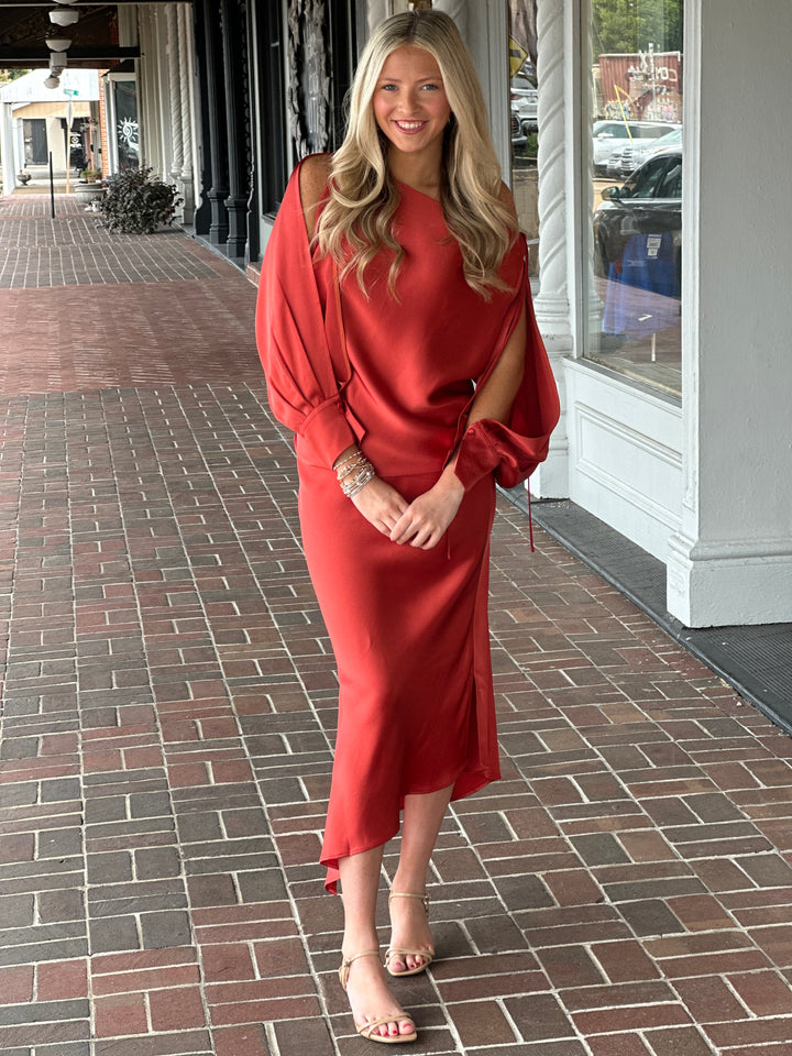 Asymmetrical Hem Satin Slip Skirt in Burnt Orange