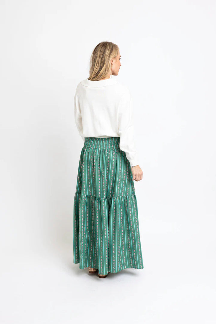 Green Floral Stripe Maxi Skirt