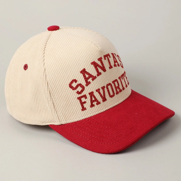 Santa's Favorite Glitter Text 5 Panel Corduroy Cap in Red
