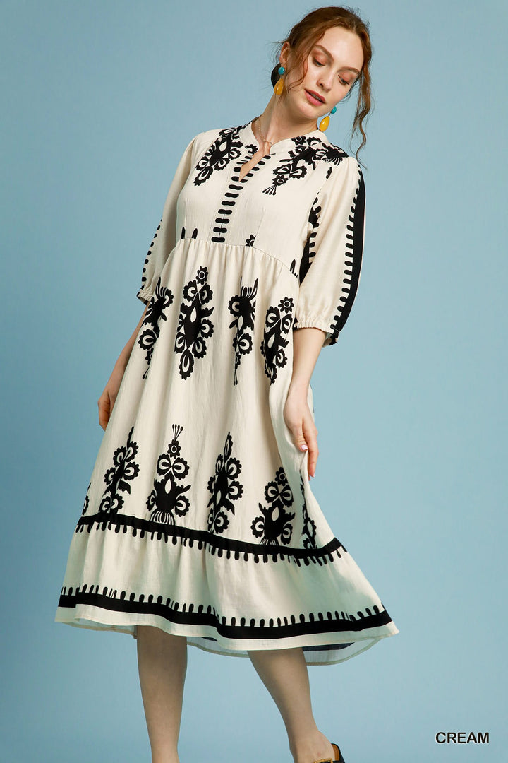 Cream Desert Bloom Embroidered Midi Dress