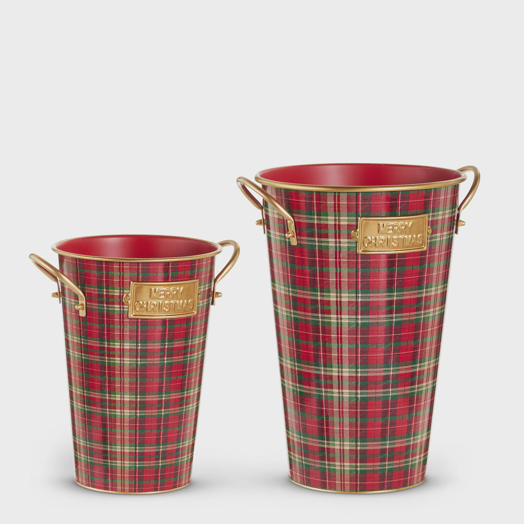 13" Red, Green and Gold Plaid Bucket Decor (sold individually)