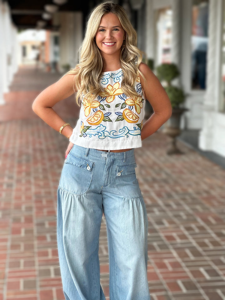 White Lemon And Flowers Tank