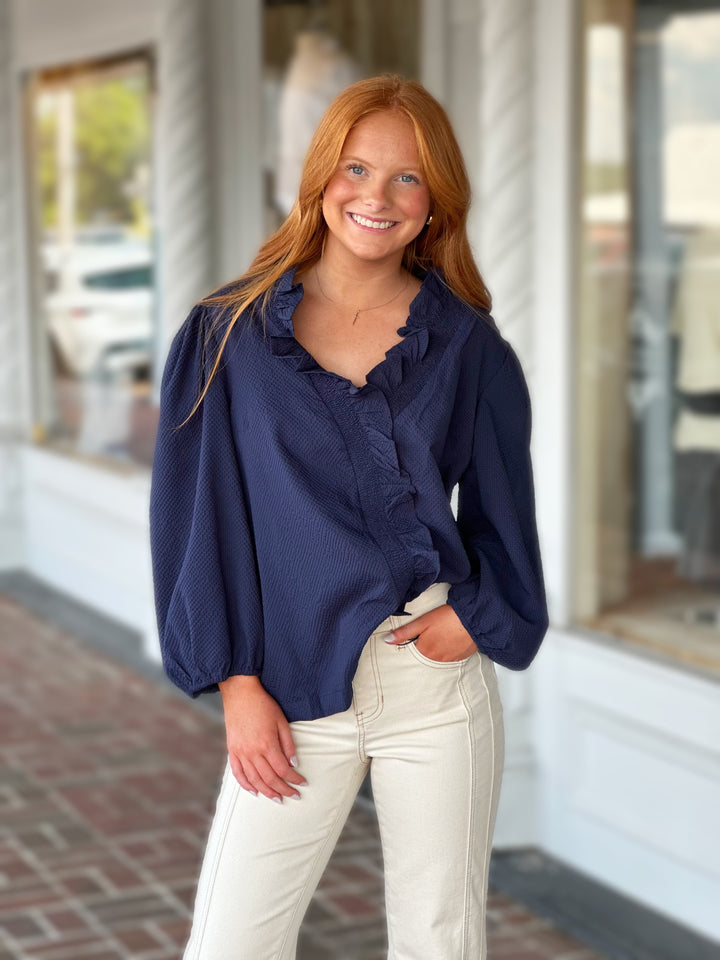 Textured Ruffle Trim Blouse in Midnight