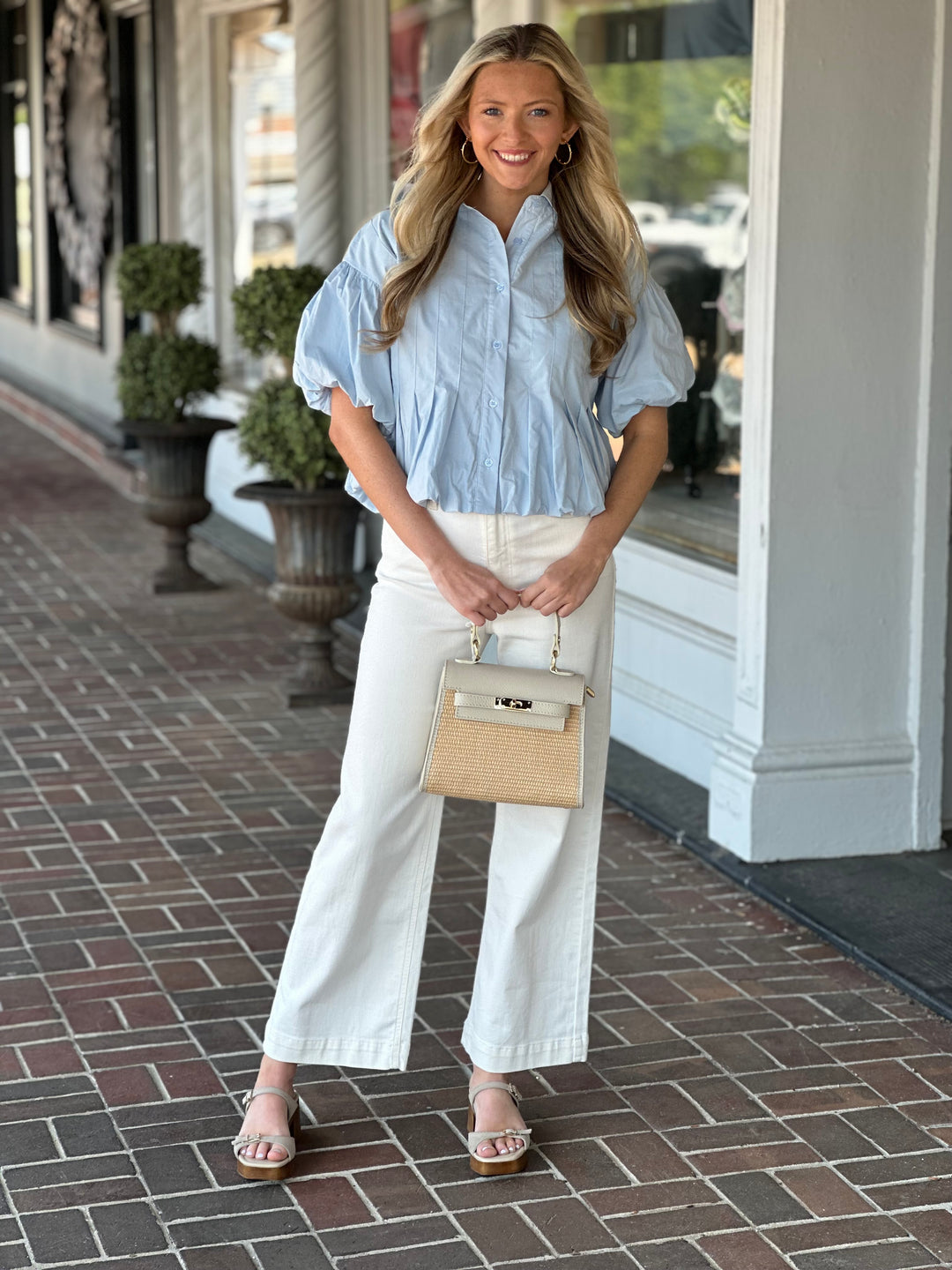 Pleated Bubble Hem Button Down Top in Sky Blue