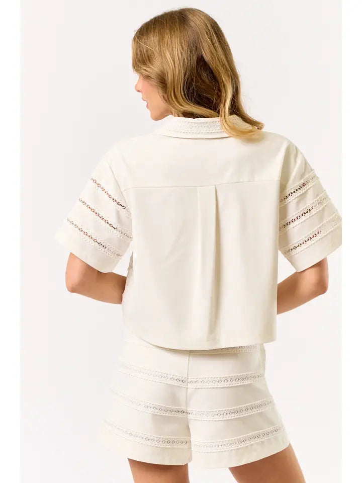 Off White Short Sleeve Top with Lace Trim Detail