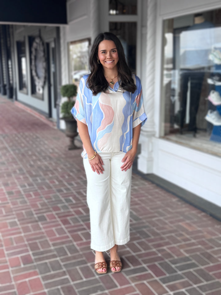 Sofia Farrah Top in Baby Blue Watercolor