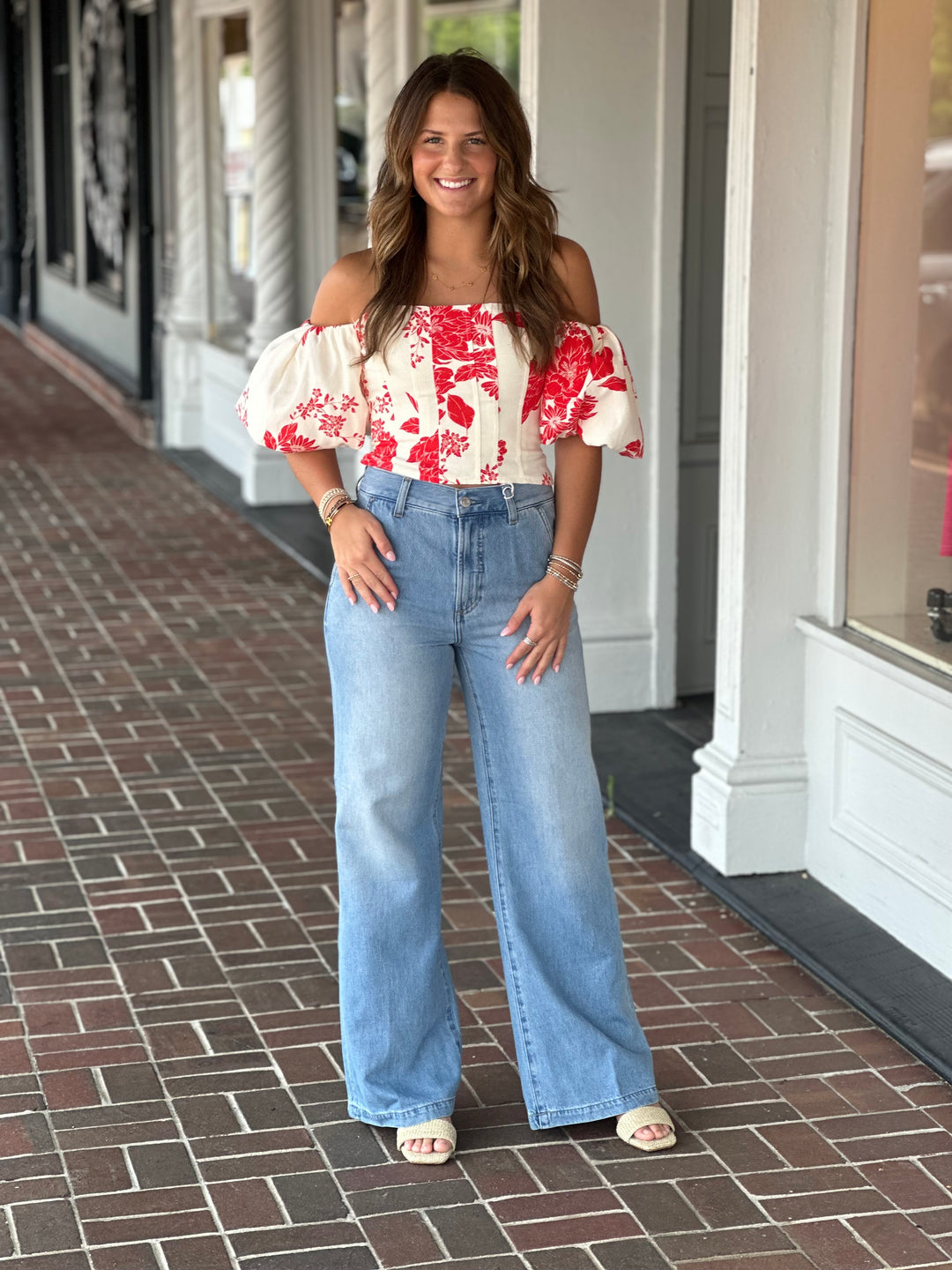 Red Floral Printed White Top