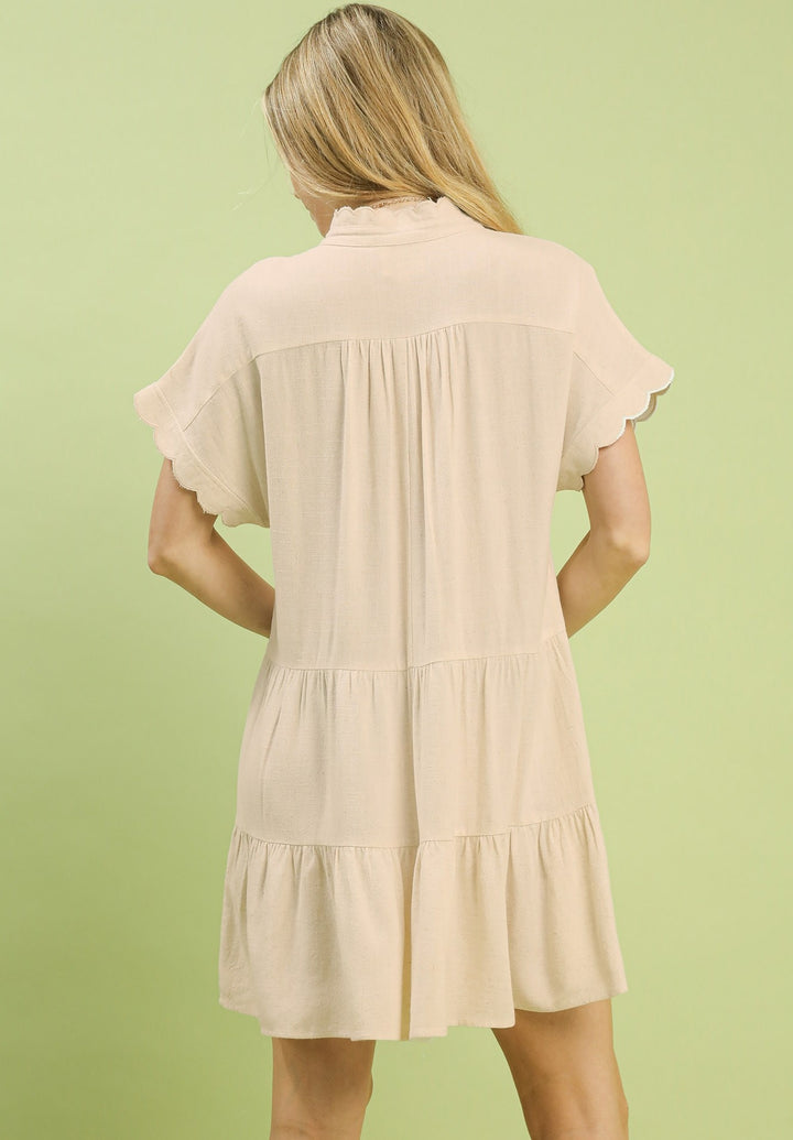 Oatmeal Linen Scalloped Hem Mini Dress