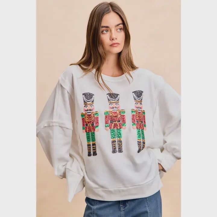 Christmas Sequin Nutcrackers Embroidery Sweatshirt
