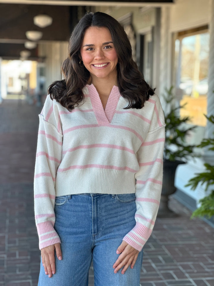 Pink Stripe V-Neck Sweater