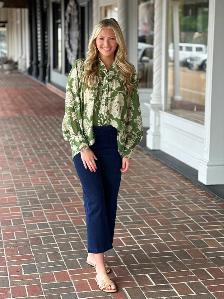 Green Floral Long Sleeve Top
