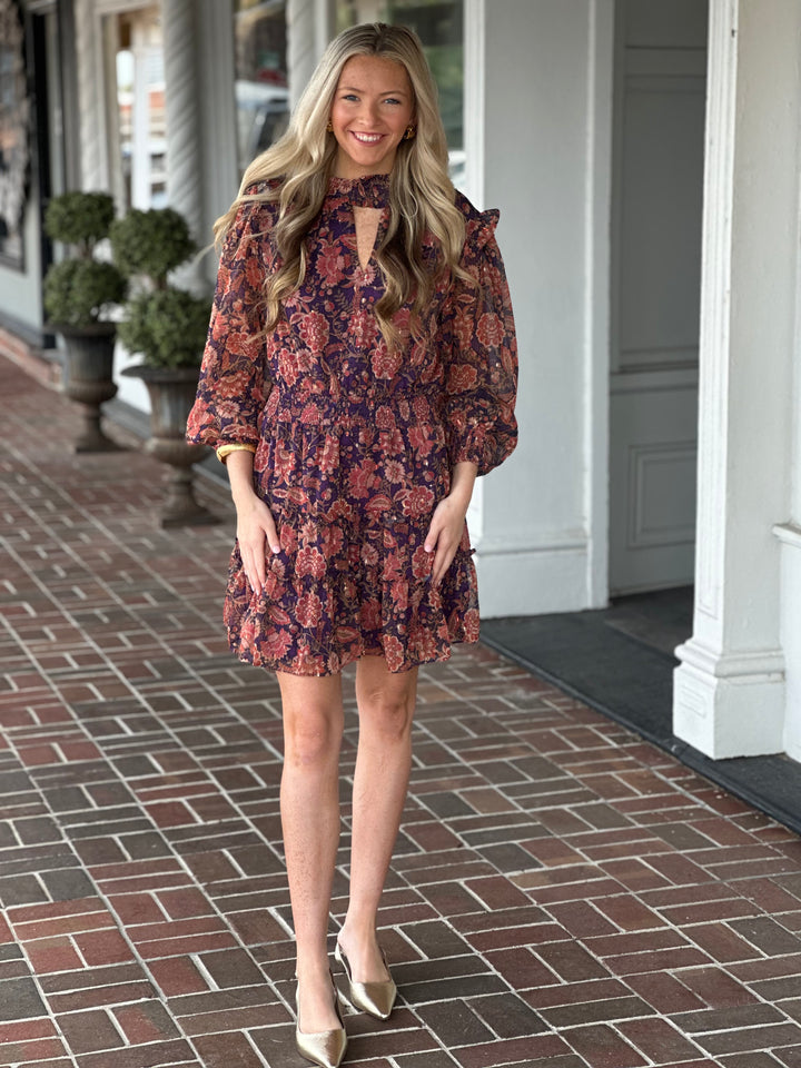 Purple Floral Print Chiffon Dress