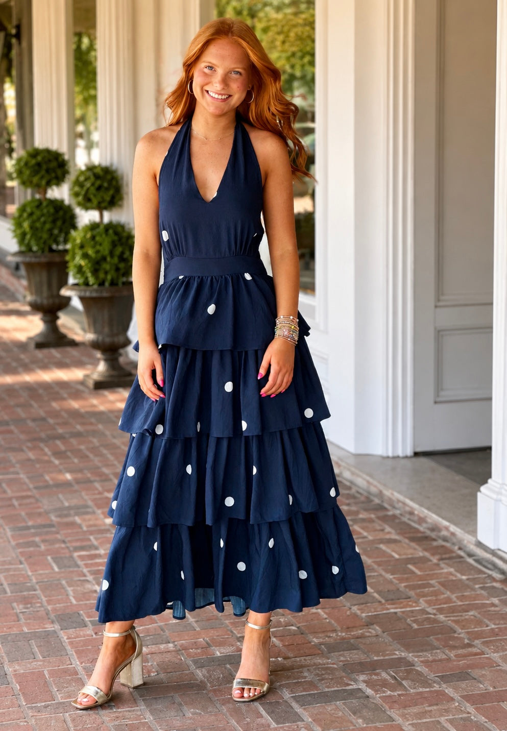 Polka Dot Halter Maxi Dress in Navy