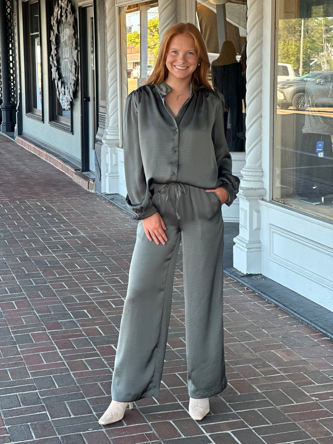 Balicia Green Satin Button Down Shirt