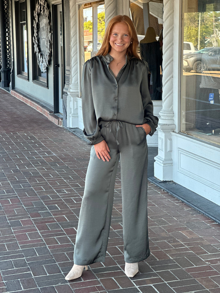 Balicia Green Satin Button Down Shirt