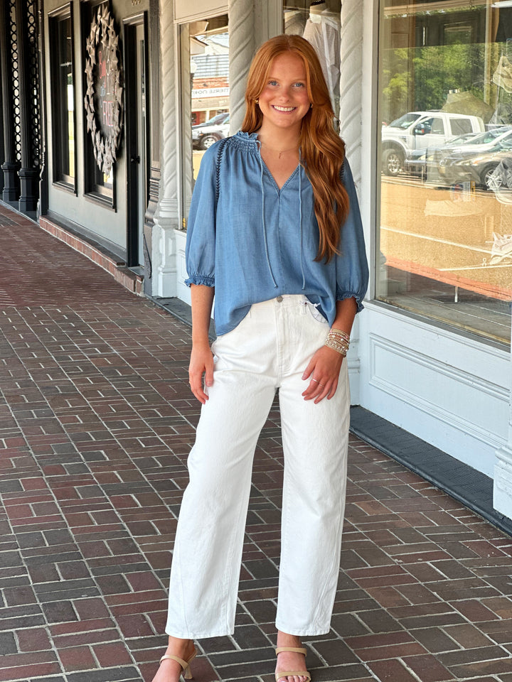 Try To Keep Up Blue Chambray Top